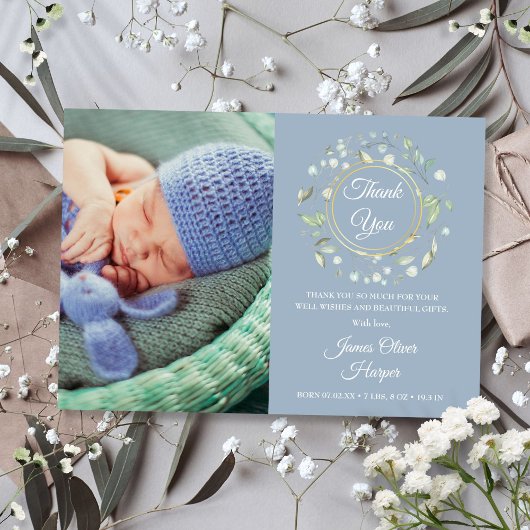 Baby Foto bedankt Greenery Dusty Blue Birth Aankondiging