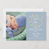 Baby Foto bedankt Greenery Dusty Blue Birth Aankondiging (Voorkant)
