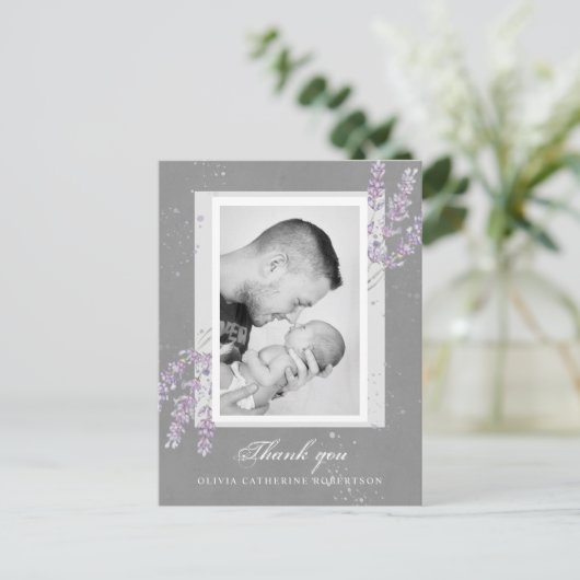 Baby Foto bedankt je lavender geboorteaankondiging Briefkaart (Staand voorkant)