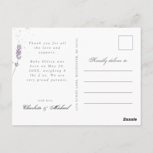 Baby Foto bedankt je lavender geboorteaankondiging Briefkaart (Achterkant)