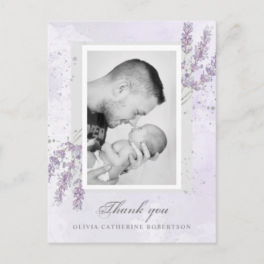 Baby Foto bedankt je lavender geboorteaankondiging Briefkaart (Voorkant)