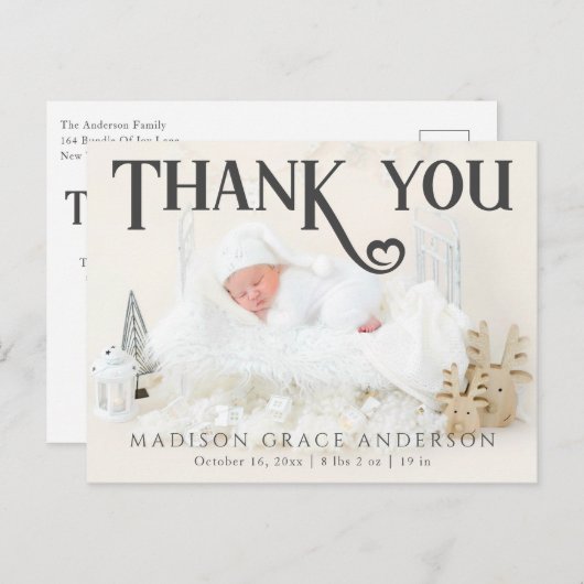 Baby Foto: Bedankt Modern Heart Birth Aankondigingskaart (Voorkant / Achterkant)