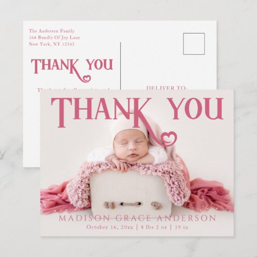 Baby Foto: Bedankt Modern Heart Birth Aankondigingskaart (Voorkant / Achterkant)