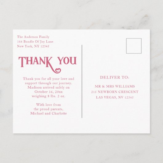 Baby Foto: Bedankt Modern Heart Birth Aankondigingskaart (Achterkant)