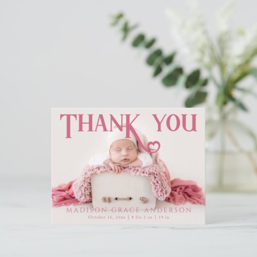 Baby Foto: Bedankt Modern Heart Birth Aankondigingskaart (Staand voorkant)