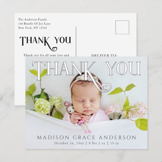 Baby Foto: Bedankt Modern Heart Birth Aankondigingskaart (Voorkant / Achterkant)