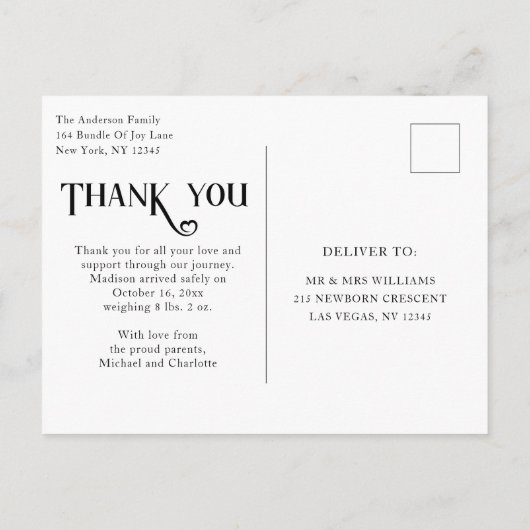 Baby Foto: Bedankt Modern Heart Birth Aankondigingskaart (Achterkant)