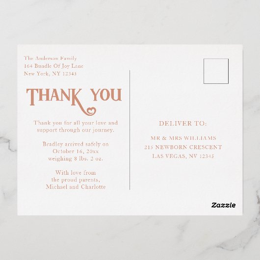 Baby Foto: Bedankt Modern Heart Birth Folie Uitnodiging Briefkaart (Achterkant)