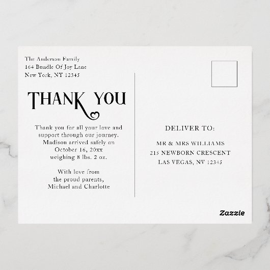 Baby Foto: Bedankt Modern Heart Birth Folie Uitnodiging Briefkaart (Achterkant)