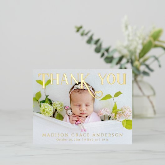 Baby Foto: Bedankt Modern Heart Birth Folie Uitnodiging Briefkaart (Staand Voorkant)