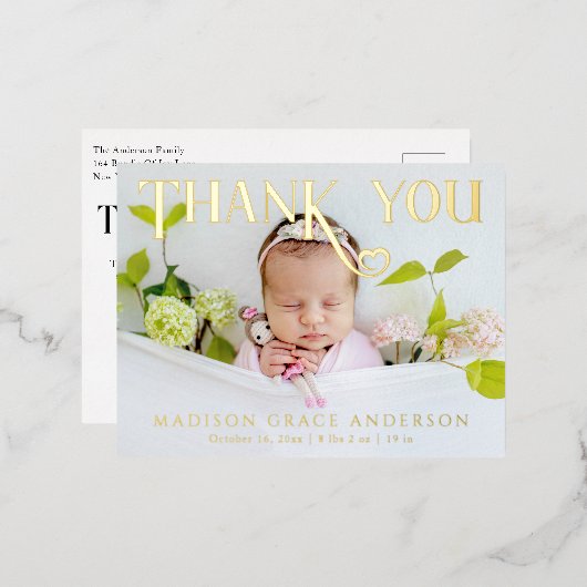 Baby Foto: Bedankt Modern Heart Birth Folie Uitnodiging Briefkaart (Voorkant / Achterkant)