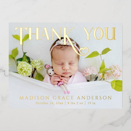 Baby Foto: Bedankt Modern Heart Birth Folie Uitnodiging Briefkaart (Voorkant)