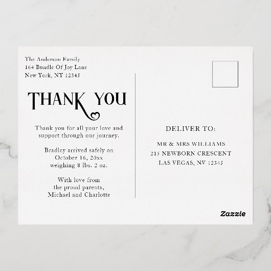 Baby Foto: Bedankt Modern Heart Birth Folie Uitnodiging Briefkaart (Achterkant)