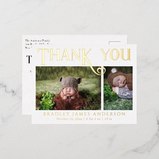 Baby Foto: Bedankt Modern Heart Birth Folie Uitnodiging Briefkaart (Voorkant / Achterkant)