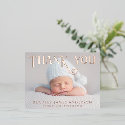 Baby Foto: Bedankt Modern Heart Birth Folie Uitnodiging Briefkaart (Staand Voorkant)