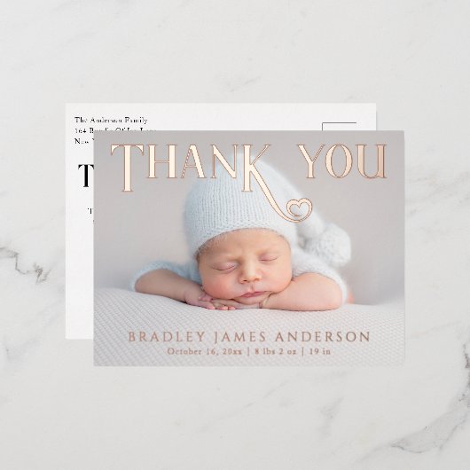 Baby Foto: Bedankt Modern Heart Birth Folie Uitnodiging Briefkaart (Voorkant / Achterkant)