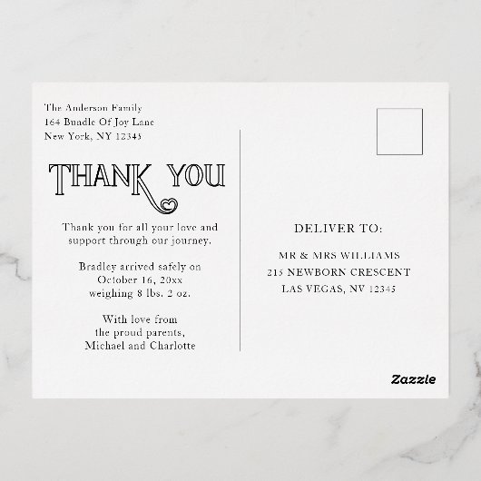 Baby Foto: Bedankt Modern Heart Birth Folie Uitnodiging Briefkaart (Achterkant)