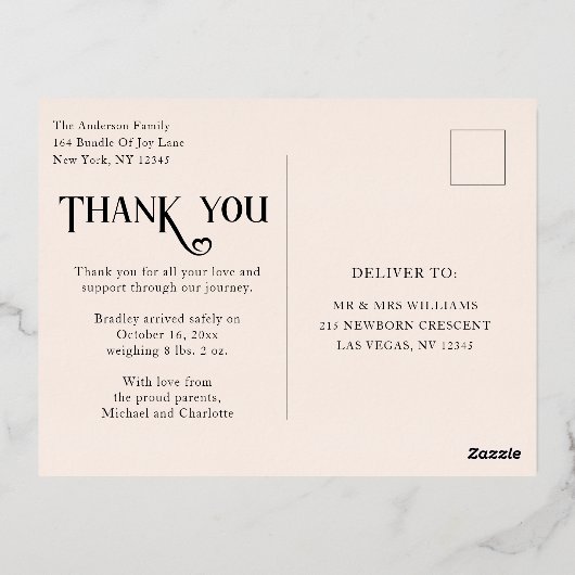 Baby Foto: Bedankt Modern Heart Birth Folie Uitnodiging Briefkaart (Achterkant)