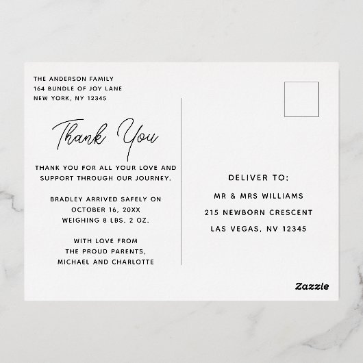 Baby Foto Bedankt Modern Script Geboorte Folie Uitnodiging Briefkaart (Achterkant)