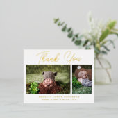 Baby Foto Bedankt Modern Script Geboorte Folie Uitnodiging Briefkaart (Staand Voorkant)