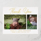Baby Foto Bedankt Modern Script Geboorte Folie Uitnodiging Briefkaart (Voorkant)