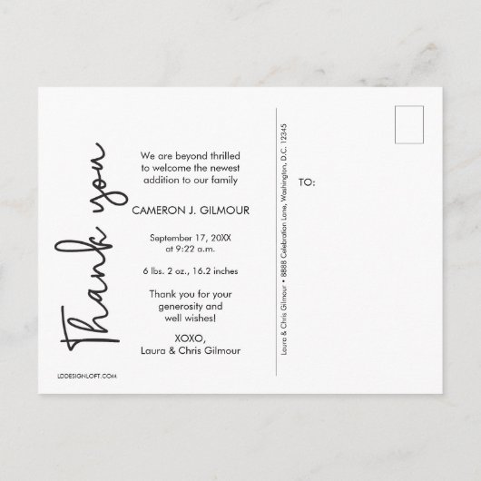 Baby Foto BEDANKT U geboorteaankondiging - vertica Aankondigingskaart (Achterkant)