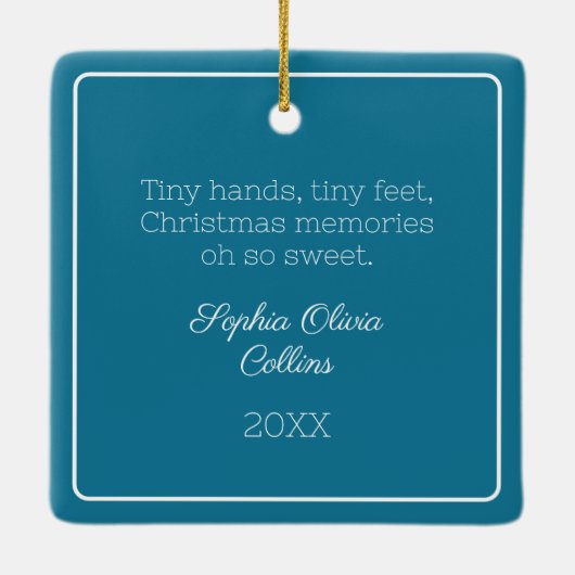 Baby Foto Blauwgroen Modern Christmas White Script Keramisch Ornament (Achterkant)
