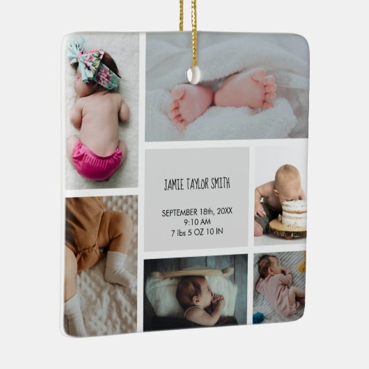 Baby Foto Collage Keepomwille Naam Geboortedatum Keramisch Ornament (Rechts)