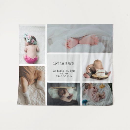 Baby Foto Collage Keepomwille Naam Geboortedatum Wandkleed (Voorkant (horizontaal))