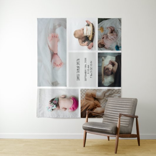 Baby Foto Collage Keepomwille Naam Geboortedatum Wandkleed (In situ)