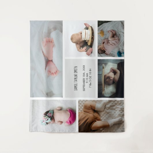 Baby Foto Collage Keepomwille Naam Geboortedatum Wandkleed (Voorkant)
