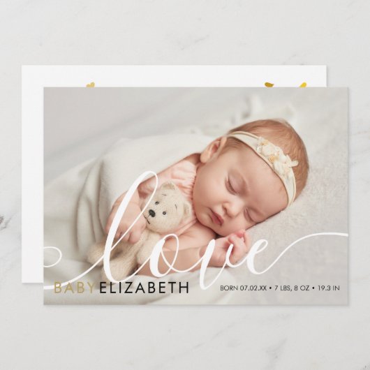 Baby Foto Cute Script Gold Love Heth Birth Aankondiging (Voorkant / Achterkant)