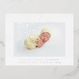 Baby Foto Dank u ellegant modern script geboorte Folie Uitnodiging Briefkaart