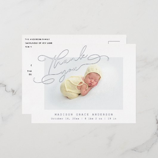 Baby Foto Dank u ellegant modern script geboorte Folie Uitnodiging Briefkaart (Voorkant / Achterkant)