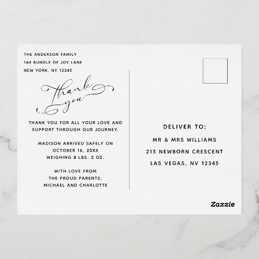 Baby Foto Dank u ellegant modern script geboorte Folie Uitnodiging Briefkaart (Achterkant)