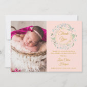Baby Foto Dank u Greenery Blush Pink Birth Aankondiging (Voorkant)
