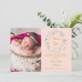 Baby Foto Dank u Greenery Blush Pink Birth Aankondiging (Staand voorkant)