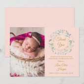Baby Foto Dank u Greenery Blush Pink Birth Aankondiging (Voorkant / Achterkant)