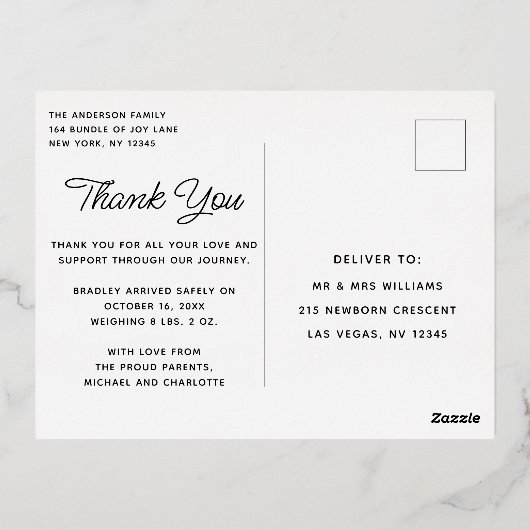 Baby Foto Dank u Modern Script Birth Folie Uitnodiging Briefkaart (Achterkant)