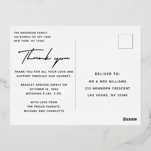 Baby Foto Dank u Modern Script Birth Folie Uitnodiging Briefkaart (Achterkant)