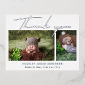 Baby Foto Dank u Modern Script Birth Folie Uitnodiging Briefkaart (Voorkant)