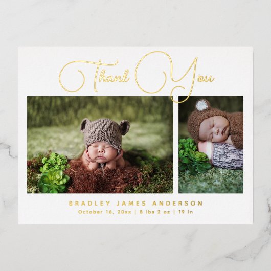 Baby Foto Dank u Modern Script Birth Folie Uitnodiging Briefkaart (Voorkant)