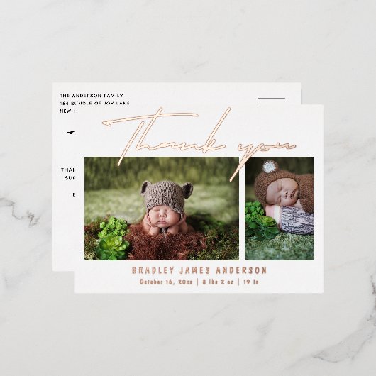 Baby Foto Dank u Modern Script Birth Folie Uitnodiging Briefkaart (Voorkant / Achterkant)