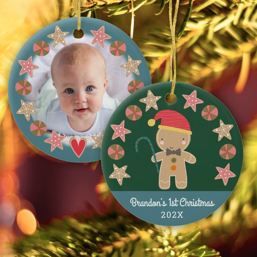 Baby Foto Eerste Kerstmis Gingerbread Boy Green Keramisch Ornament