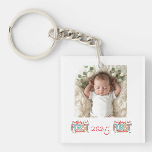 Baby Foto Eerste Kerstmis Rood Aanpassen Sleutelhanger