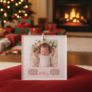 Baby Foto Eerste Kerstmis Rood Gepersonaliseerd Sleutelhanger