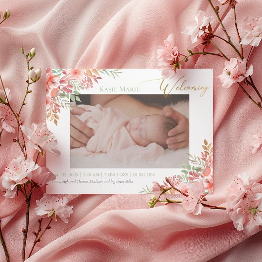 Baby Foto Elegant Blush Pink Floral Birth Aankondiging