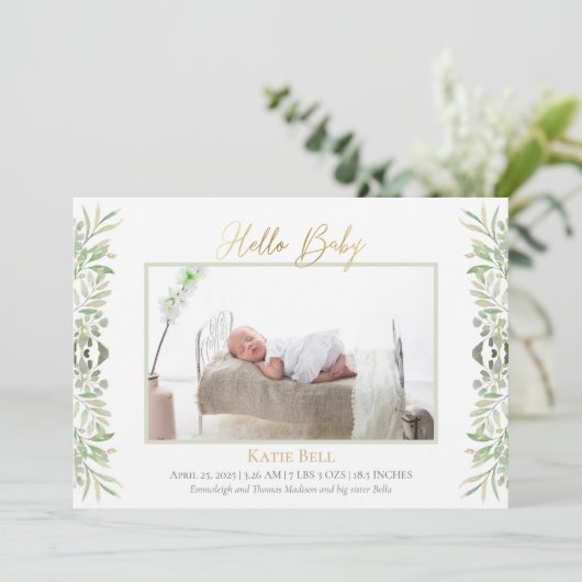 Baby Foto: Elegant Botanical Leaves Birth Aankondiging (Staand voorkant)