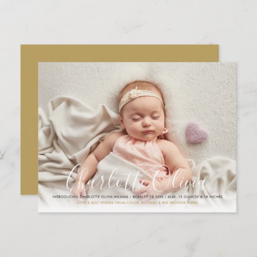 Baby Foto Elegant Script Name Gold Birth Aankondigingskaart (Voorkant / Achterkant)