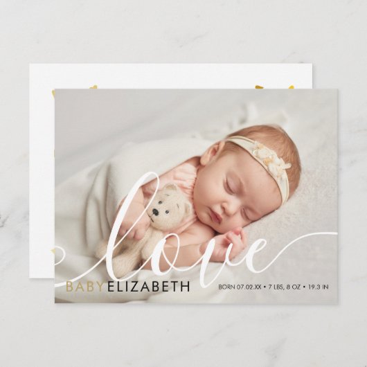 Baby Foto elegante Script Goud Hartjes Geboorte Aankondigingskaart (Voorkant / Achterkant)